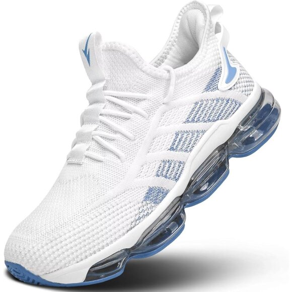 Men's White Blue Running Shoes Air Cushion Slip on Walking Tennis Sneakers